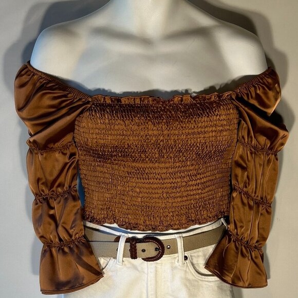 Storia NWT SZM Copper Brown Milkmaid Smocked Peasant Top Romantic Boho Glam - Picture 3 of 9